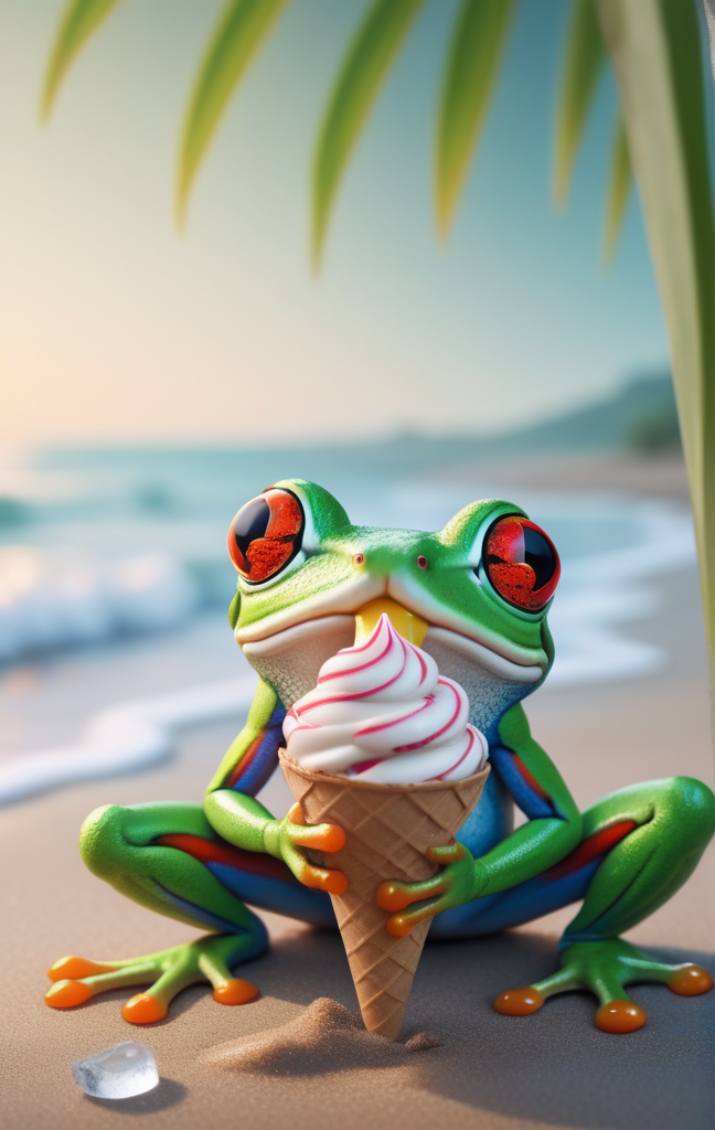 11235-2434661147-HD 8K,Highlights,high details,(extremely detailed 8k wallpaper),A mid shot photo,a tree frog is standing on the beach with an ic.png